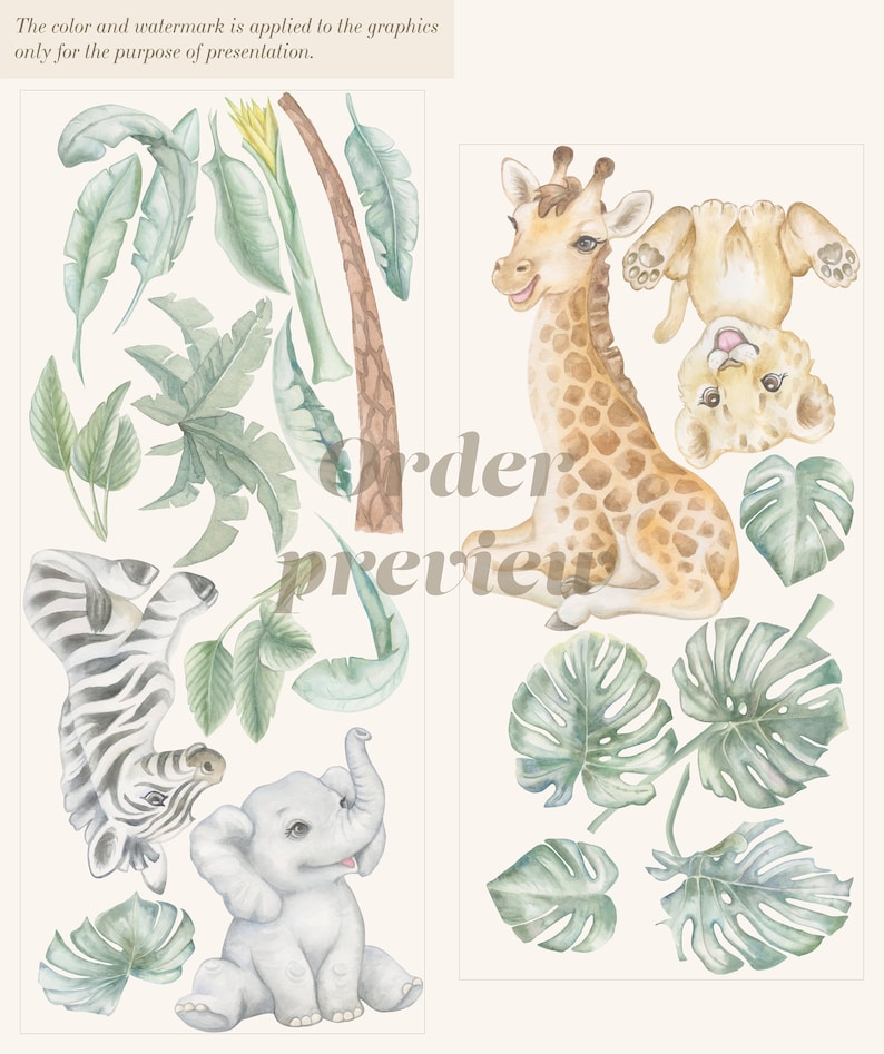 May include: A set of watercolour illustrations featuring a giraffe, zebra, elephant, lion, and tropical leaves. The illustrations are perfect for creating a jungle-themed nursery or children's room.