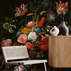 Dark Floral Wallpaper Peel and Stick | Dutch Floral Wall Mural | Removable Wallpaper