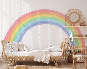Watercolor Rainbow Wall Decal | Boho Pastel Nursery Sticker | Wide Peel & Stick Rainbow Decor