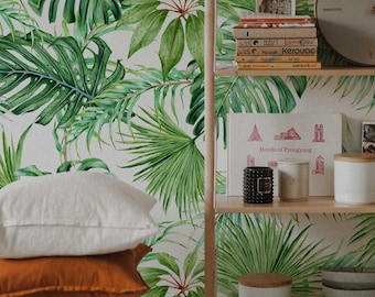 Tropical Leaves Peel and Stick Wallpaper | Removable Monstera Palms Mural | Eco Friendly Wall Decor