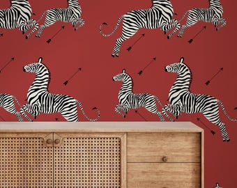 Zebra Peel and Stick Wallpaper, Removable Red Animal Wall Mural, Maximalist Safari Decor