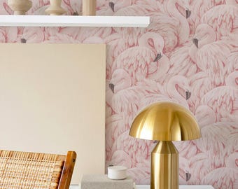Flamingo Peel and Stick Wallpaper, Removable Bird Wall Mural, Maximalist Blush Decor