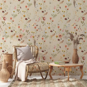 Tapete Aquarell Wilde Blumen | Weiches botanisches Blumenwandbild | Little Floral with Grass Wallpaper | Feldblumen Wandbild