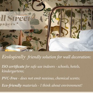 May include: A bedroom with a bed featuring a white duvet and a white pillow. The wall behind the bed is covered in a wallpaper with a botanical print featuring a variety of plants, flowers, and animals. The text "Wall Street wallpapers" is visible at the top of the image. The text "Ecologically friendly solution for wall decoration" is visible at the bottom of the image. The text below that reads "ISO certificate for safe use indoors - schools, hotels, kindergartens; PVC-Free - does not emit noxious, chemical scents; Eco-friendly materials - I think about environment!"