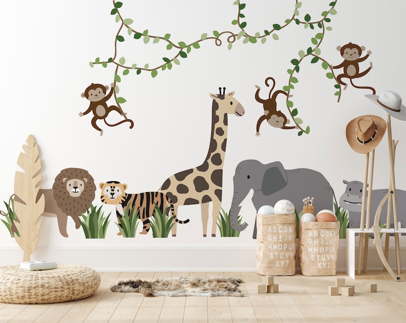 Large Safari Animals and Monkey Wall Decals, Jungle Animal Wall Stickers, Nursery Wall Decals, Repositionable Jungle Wall Decals zdjęcie 5