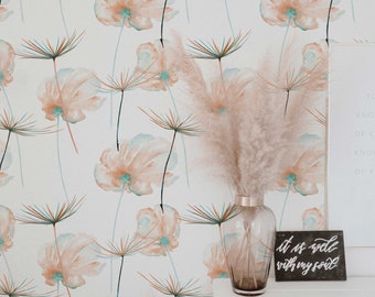 Löwenzahn Blumen Wallpaper | Benutzerdefinierte Farbe blaugrünes Blumenmuster | Abnehmbare Tapete für alle Räume | Selbstklebendes Wandbild