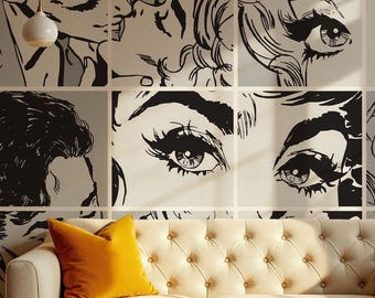 Black & White Pop Art Faces Wallpaper: Retro Peel and Stick Mural