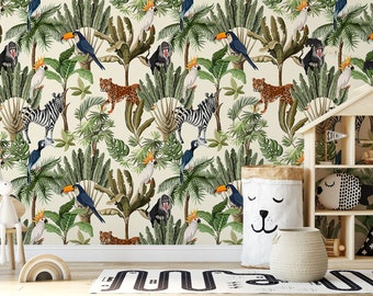 Playful Jungle Animals Watercolor Peel and Stick Wallpaper for Nursery and Kids&#39; Room Decor