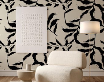 Abstract Leaves Wallpaper: Dark Gray Design, Peel and Stick Wall Art
