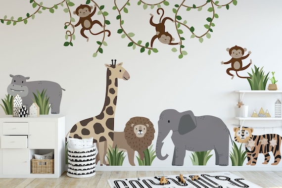 Large Safari Animals and Monkey Wall Decals, Jungle Animal Wall Sticke