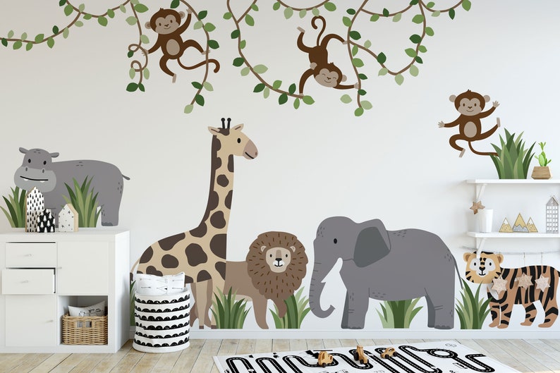 Large Safari Animals and Monkey Wall Decals, Jungle Animal Wall Stickers, Nursery Wall Decals, Repositionable Jungle Wall Decals zdjęcie 1