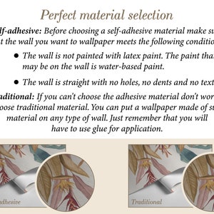 May include: A comparison of two wallpaper application methods: self-adhesive and traditional. The self-adhesive method requires a smooth wall without latex paint. The traditional method requires glue and can be applied to any type of wall.