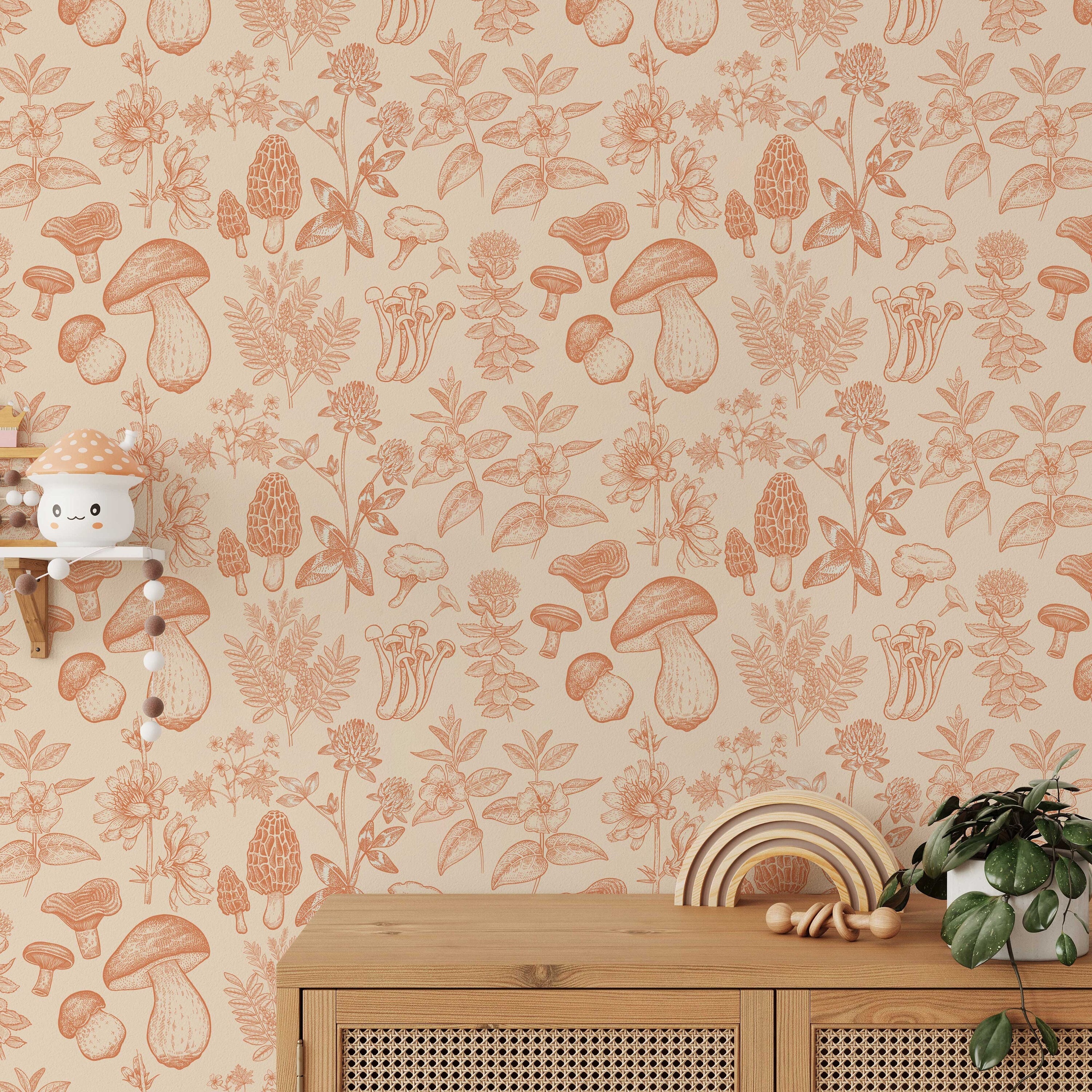 Mushroom Wallpaper | Orange Wallpaper | Mid Century Modern Wallpaper | Kids Mushroom Peel and Stick Wallpaper | Vintage Wallpaper