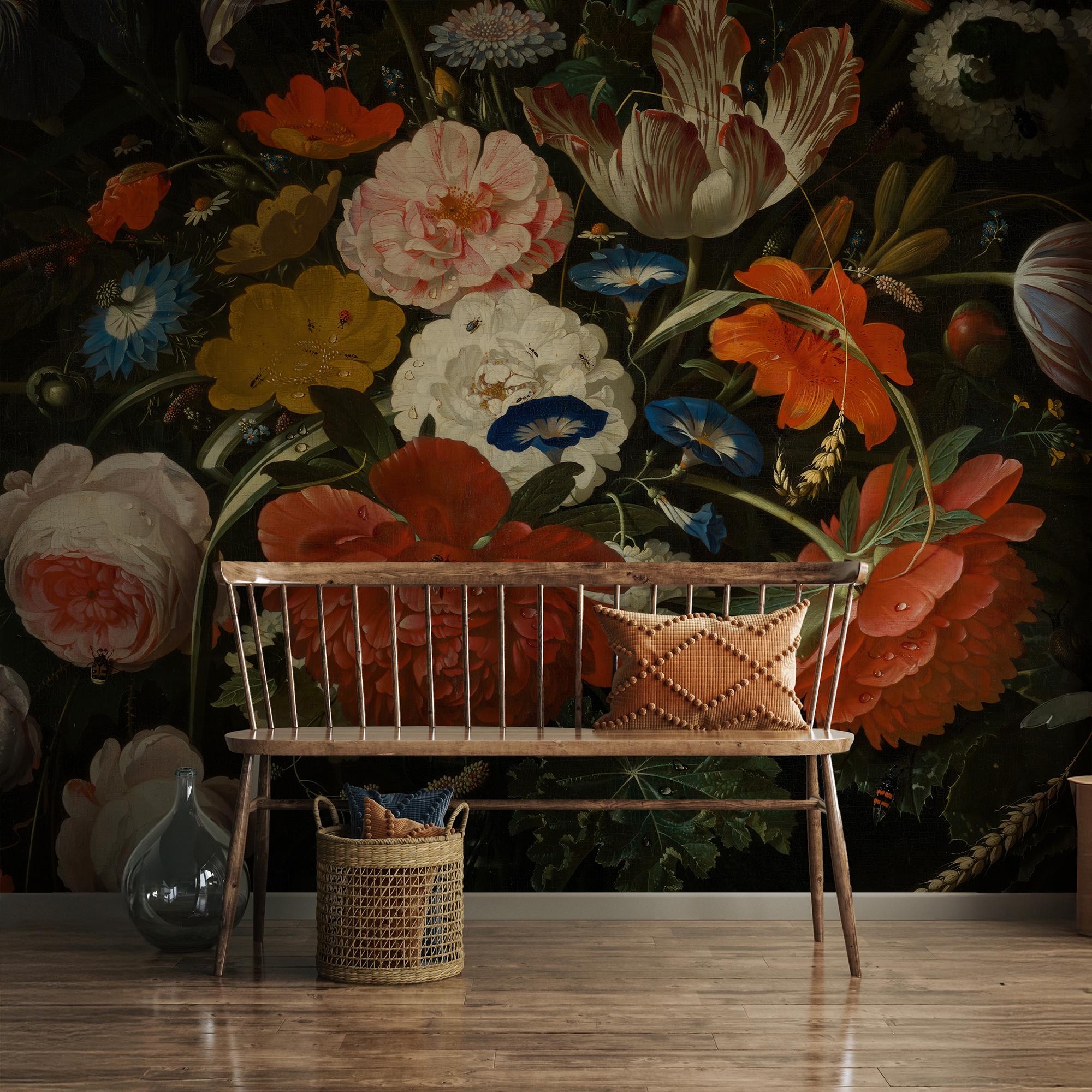 Dark Floral Wall Mural | Dutch Style Peel & Stick Wallpaper | Moody ...