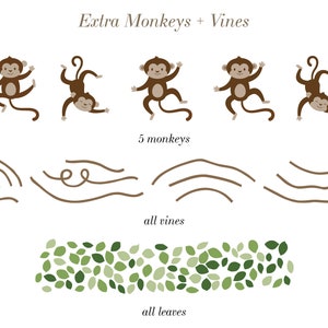 Large Safari Animals and Monkey Wall Decals, Jungle Animal Wall Stickers, Nursery Wall Decals, Repositionable Jungle Wall Decals Extra Monkeys+Vines