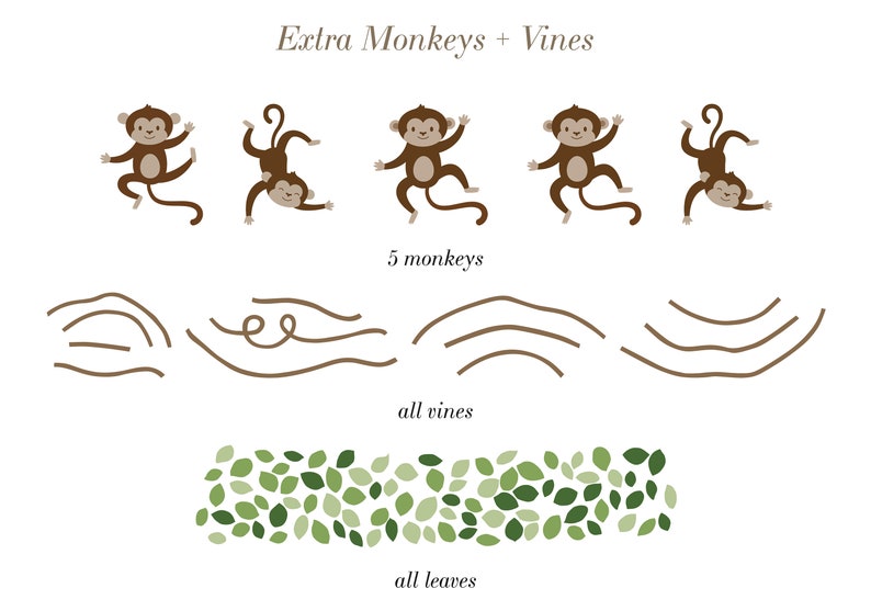 Large Safari Animals and Monkey Wall Decals, Jungle Animal Wall Stickers, Nursery Wall Decals, Repositionable Jungle Wall Decals Extra Monkeys+Vines