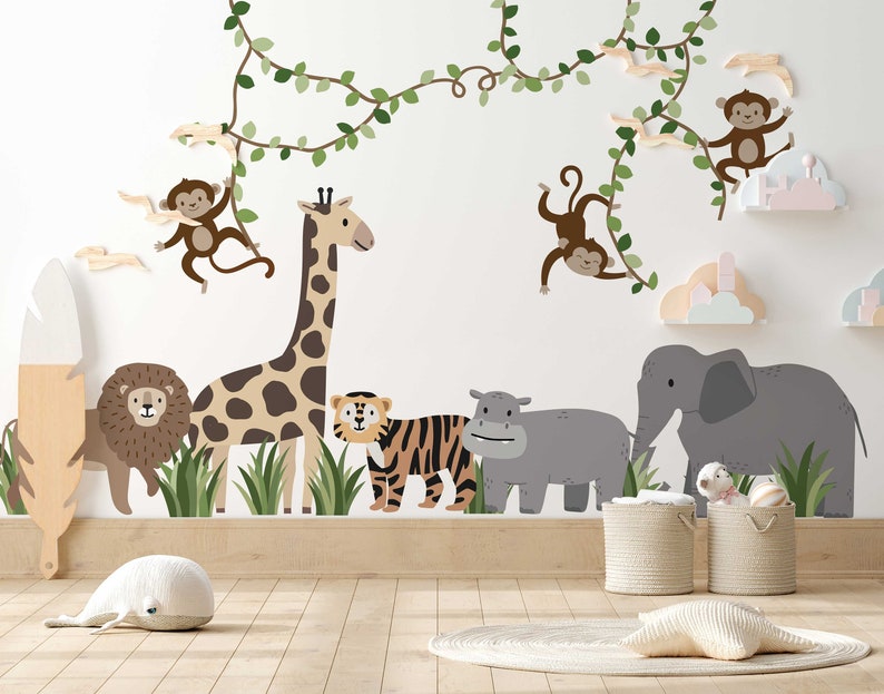 Large Safari Animals and Monkey Wall Decals, Jungle Animal Wall Stickers, Nursery Wall Decals, Repositionable Jungle Wall Decals zdjęcie 4