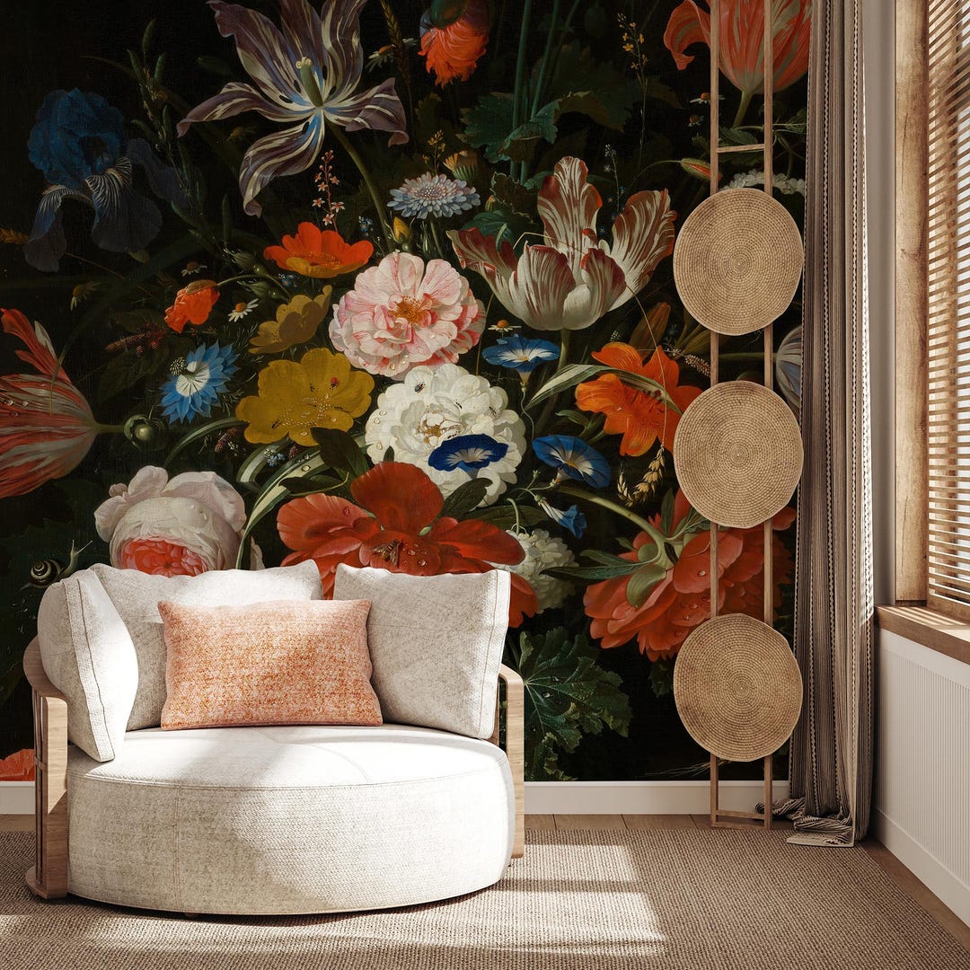 Dark Floral Wall Mural | Dutch Style Peel & Stick Wallpaper | Moody ...