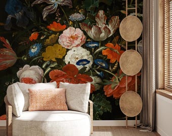 Dark Floral Wall Mural | Dutch Style Peel & Stick Wallpaper | Moody Vintage Flower Statement Wall
