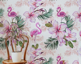 Pink Flamingo Floral Wallpaper: Tropical Nursery Peel and Stick