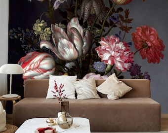 Dutch Dark Floral Wall Mural | Victorian Peel & Stick Wallpaper | Moody Removable Botanical Decor
