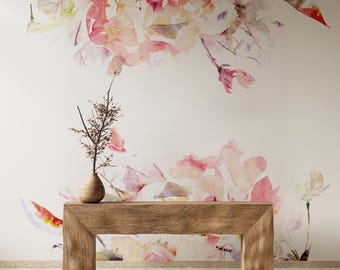 Carta da parati floreale primaverile / Carta da parati staccabile e adesiva con fiori rosa acquerello / Decorazione murale romantica e rimovibile