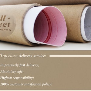 May include: Close-up of a brown cardboard tube with a pink and white rolled poster inside. The tube is labeled "Wall + Street wallpapers". Text below the image reads "Top class delivery service: Impressively fast delivery; Absolutely safe; Highest responsibility; 100% customer satisfaction policy!"