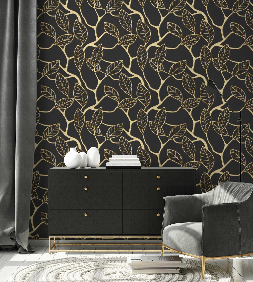 3D Gold Leaf Removable Wallpaper Art Deco Wall Mural Dark Art Deco Wall