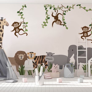 Large Safari Animals and Monkey Wall Decals, Jungle Animal Wall Stickers, Nursery Wall Decals, Repositionable Jungle Wall Decals zdjęcie 2