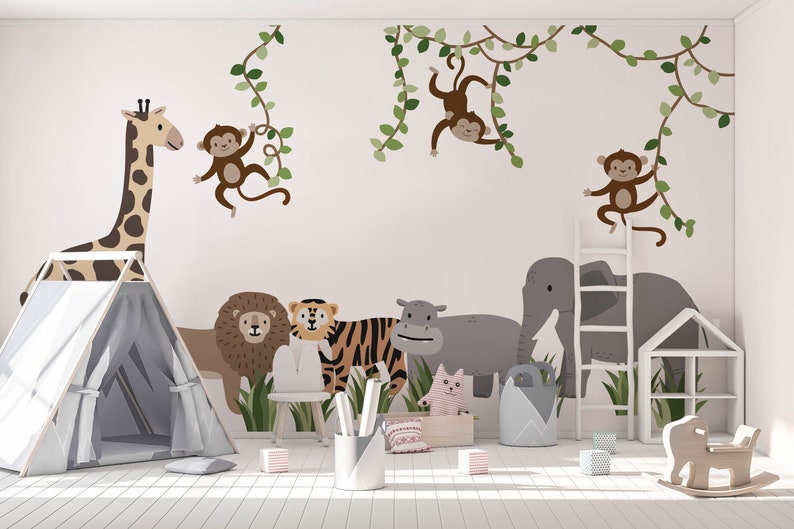 Large Safari Animals and Monkey Wall Decals, Jungle Animal Wall Stickers, Nursery Wall Decals, Repositionable Jungle Wall Decals zdjęcie 2