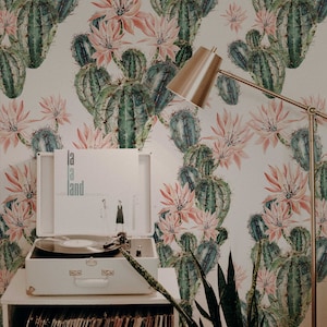 Aquarell Kaktus Blumen Abnehmbare Tapete | Kakteen Wandbild | Kaktus Druck | Florales Wanddekor | Floral repositionierbare Tapete