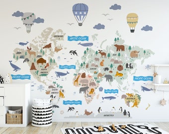 Animal World Map Decal, Peel and Stick Map Decal, World Map Wall Mural, Children World Map Sticker, Nursery Wall Decal, Nursery Map Sticker