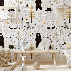 Papier peint forêt aquarelle pour enfants | Papier peint animaux des bois | Papier peint autocollant pour enfants