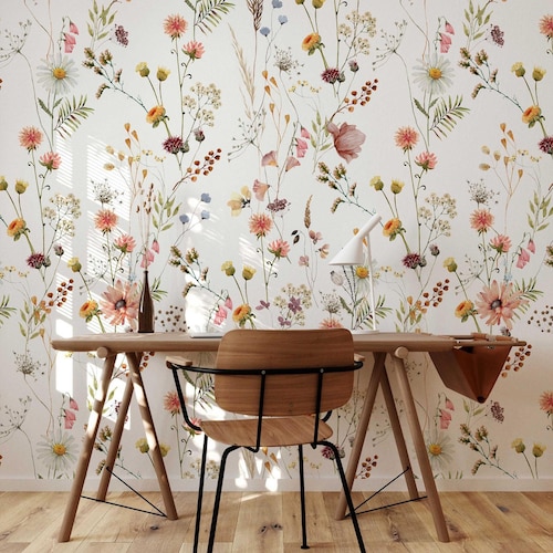 Papier peint fleurs sauvages | Papier peint floral autocollant et décoration botanique douce pour intérieurs
