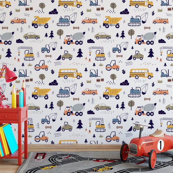 Cars and Trucks Nursery Wallpaper | Boys Wallpaper | Truck Wallpaper | Car Wallpaper | Bus Wallpaper | Wall Art | Peel and Stick