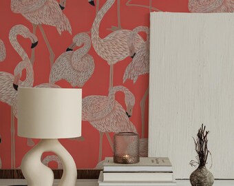 Flamingo Peel and Stick Wallpaper, Removable Coral Bird Wall Mural, Maximalist Tropical Decor