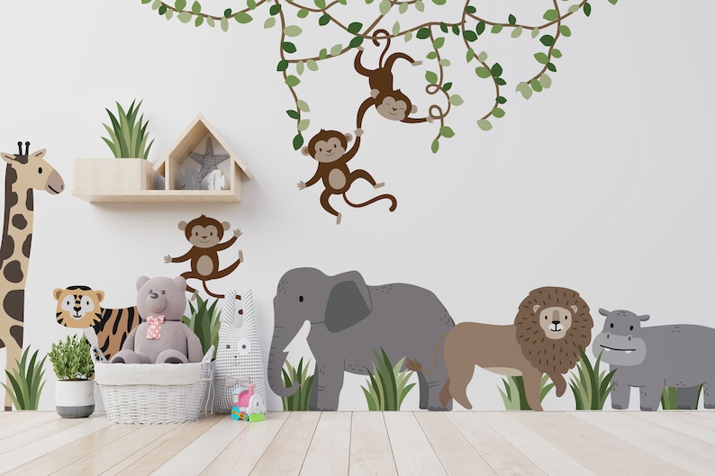 Large Safari Animals and Monkey Wall Decals, Jungle Animal Wall Stickers, Nursery Wall Decals, Repositionable Jungle Wall Decals zdjęcie 3