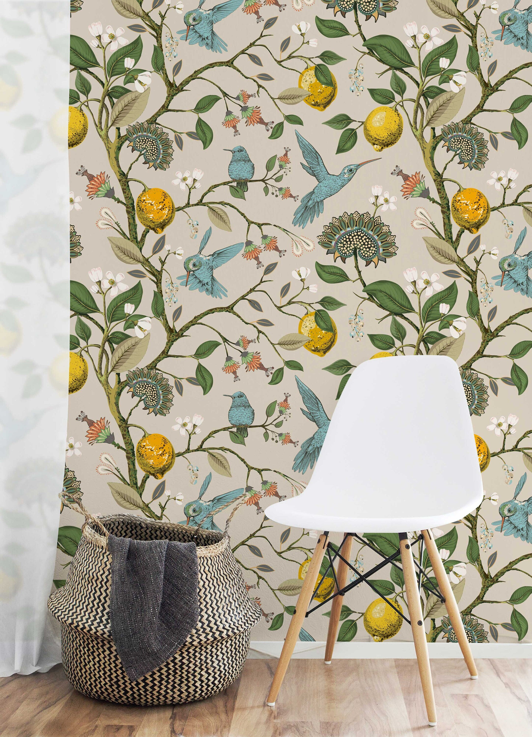 Lemon Grove Hummingbirds Peel and Stick Wallpaper - Removable Self-Adhesive for Nursery or Kitchen