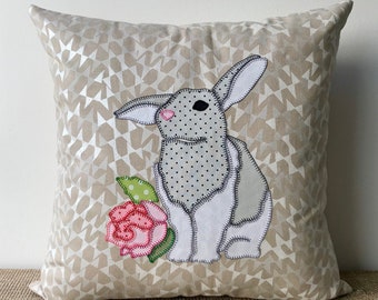Hand Embroidered Bunny Pillow, Japanese Fabric, Easter Decor