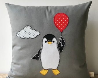 Penguin pillow cover, Grey cushion for kids room