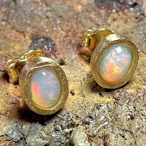 Opal earrings in 18K SOLID GOLD, gold opal studs, opal stud earrings, solid gold earrings, 7x5 mm white opal studs, Fine Jewelry earrings