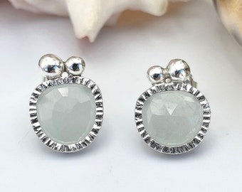 Sterling silver aquamarine earrings for women, gemstone stud earrings, large stud earrings with stone, silver statement ear stud earrings