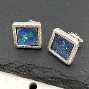 Silver Opal Earrings, natural Australian opal earrings, genuine opal mosaic earrings, square stud earrings, handmade earrings with gemstone