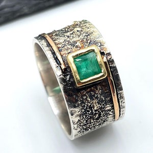 Emerald gold ring for men, women's emerald ring gold and silver, natural emerald wide ring for him, wide band ring with stone, rustic ring