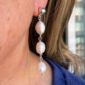 Baroque pearl earrings, Large baroque pearl earrings, three pearl earrings, pearl dangle earrings, drop earrings, freshwater pearl earrings,