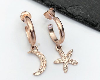 Rose gold hoop earrings with charm for women, gold star earrings, moon earrings, moon and star earrings, mismatched earrings unique piece