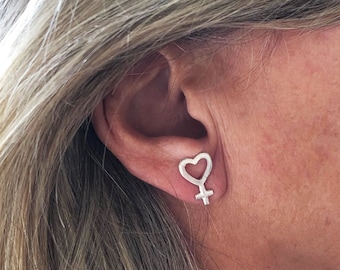 Sterling Silver Venus Heart Earrings, Lesbian Pride Jewelry, Handmade Studs