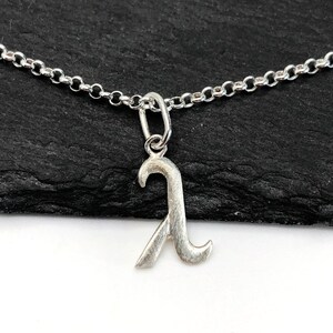 K&ouml;nnte beinhalten: Eine silberne Halskette mit einem stilisierten '&lambda;'-Anh&auml;nger.