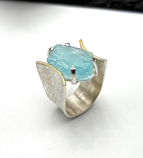 Bague en argent aigue-marine brute, bague large avec pierre