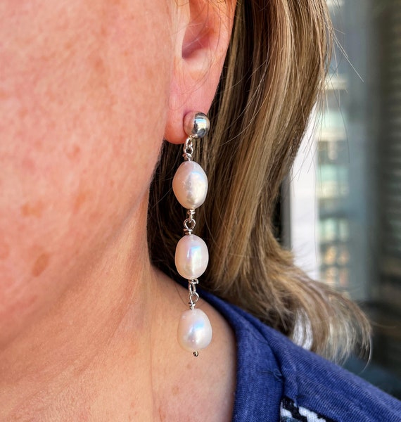 Baroque Pearl Earrings, Large Baroque Pearl Earrings, Three Pearl